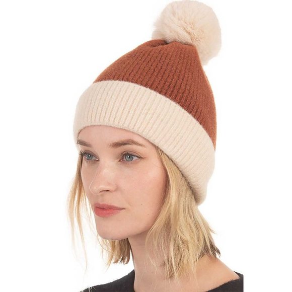 NEW Super Soft Cozy Faux Fur Pom Pom Color Block Rib Knit Beanie Hats Taupe Rust - Picture 6 of 8